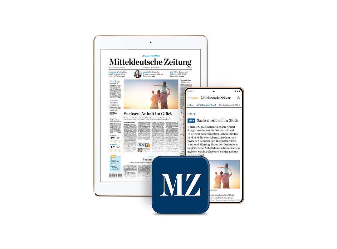 Hier sieht man ein Tablet, was die digitale Volksstimme abbildet. Links wurde das Logo der Volksstimme-Plusartikel abgebildet