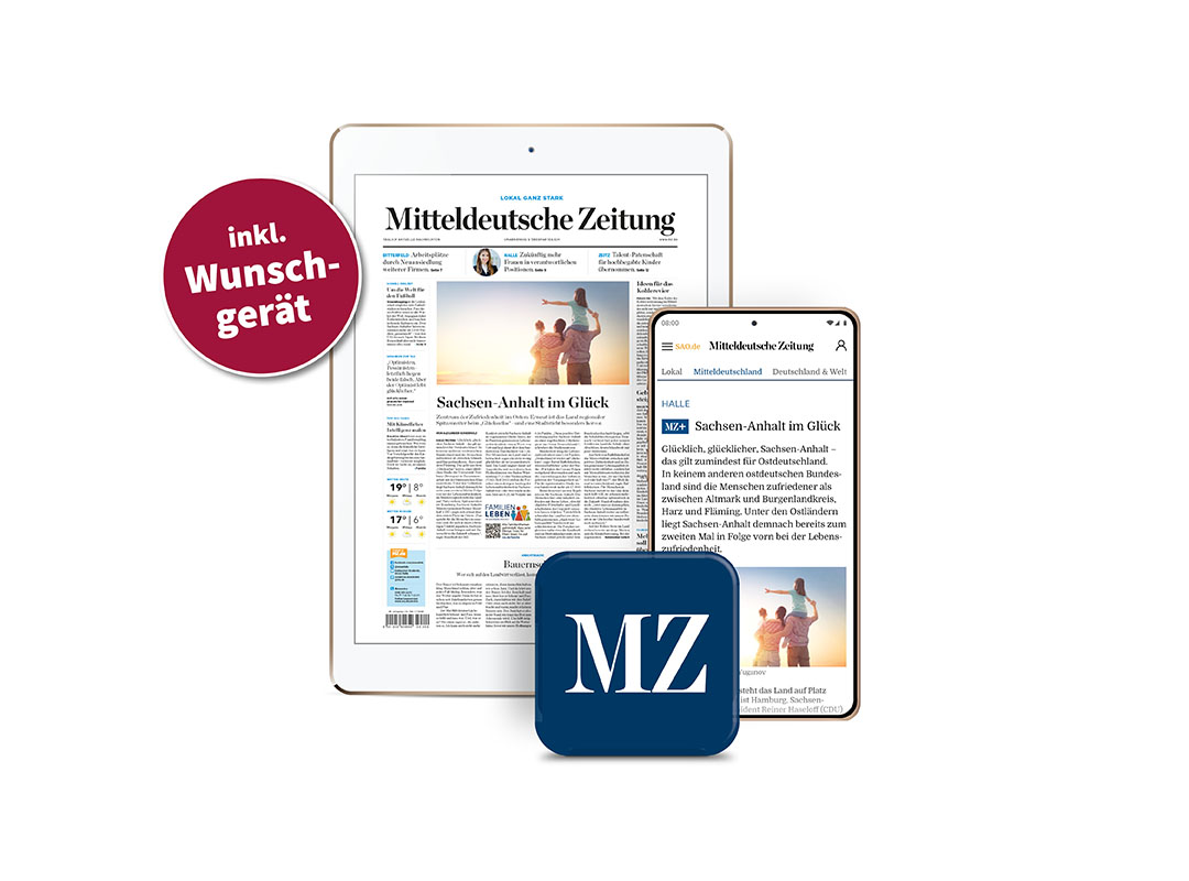 Hier sieht man ein Tablet, was die digitale Volksstimme abbildet. Links wurde das Logo der Volksstimme-Plusartikel abgebildet