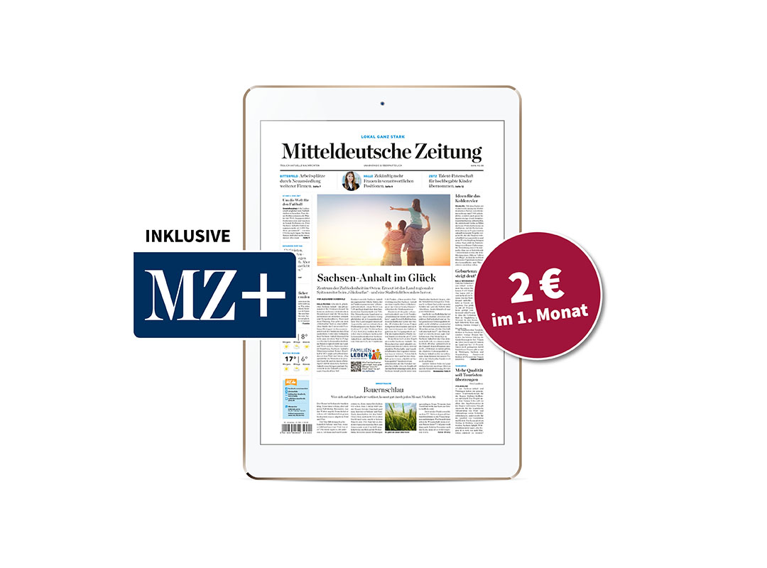 Hier sieht man ein Tablet, was die digitale Mitteldeutsche Zeitung abbildet. Links wurde das Logo der MZ-Plusartikel abgebildet.