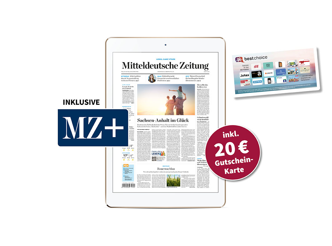 Hier sieht man ein Tablet, was die digitale Mitteldeutsche Zeitung abbildet. Links wurde das Logo der MZ-Plusartikel abgebildet. Rechts sieht man die Gutscheine (Amazon, Aral und Rossmann), zwischen denen man wählen kann und als Störer sind die 20€ abgebi