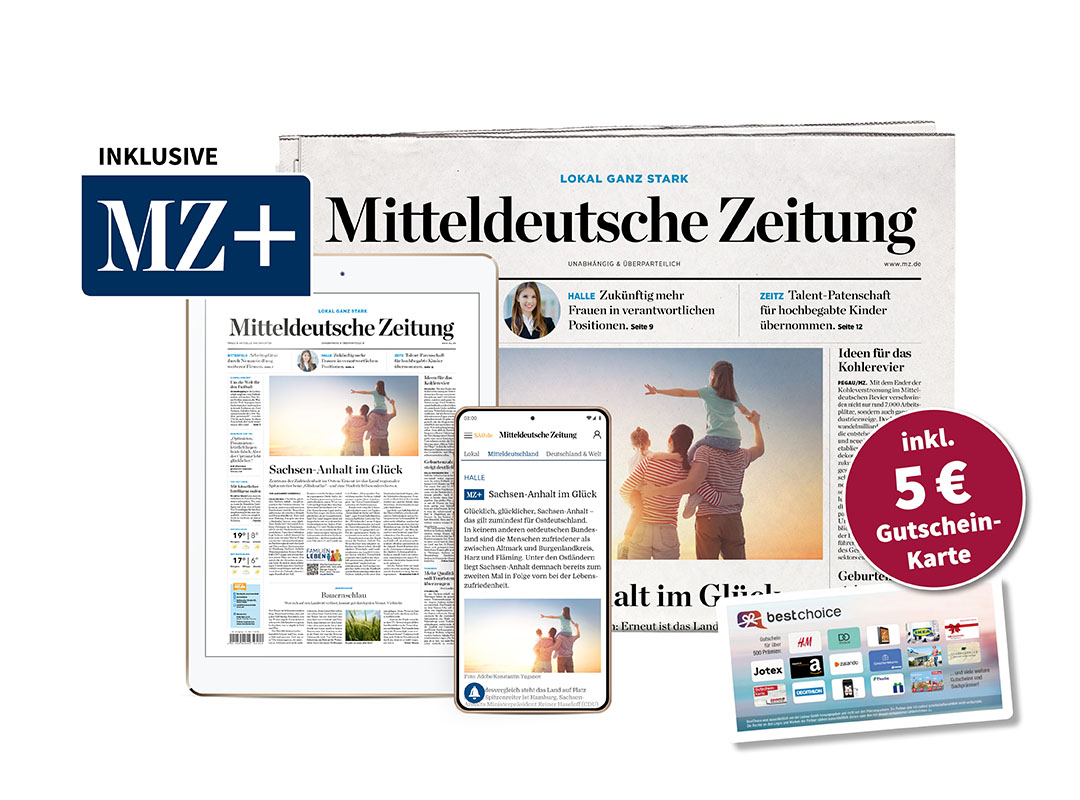 Abbildung der digitalen Mitteldeutschen Zeitung auf einem Tablet und einer eingerollten Zeitung. Es wird angezeigt, das MZ+ inklusive ist und man sie einen roten Kreis auf dem 