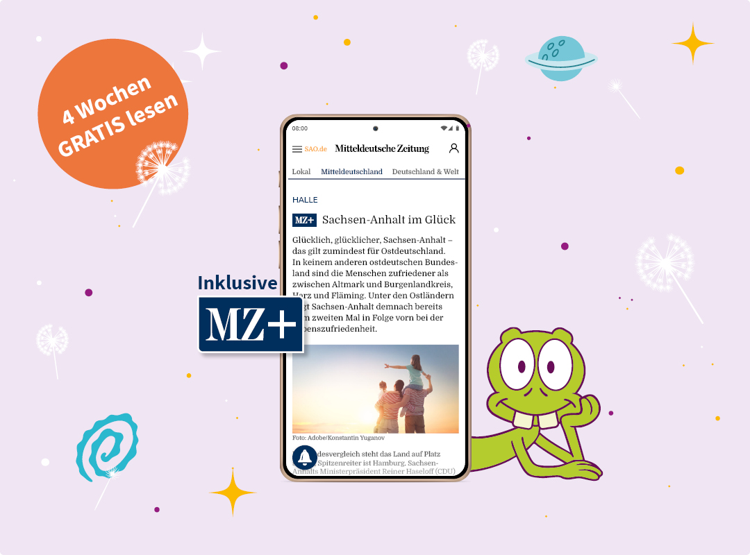 Telefon mit der Nachrichtenseite. Hinter dem Telefon guckt Galaktikus, ein Grünes Männchen hervor. In der orangenen Bubble steht 