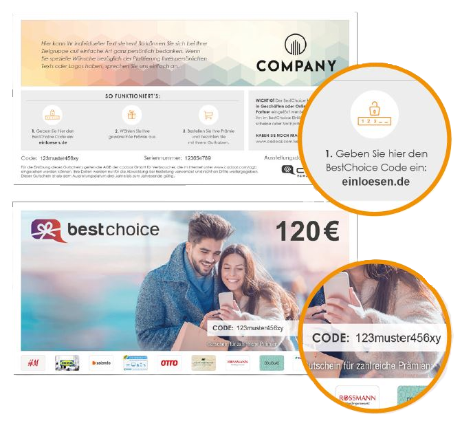 Beispielabbildung BestChoice Einlöseseite und Code finden